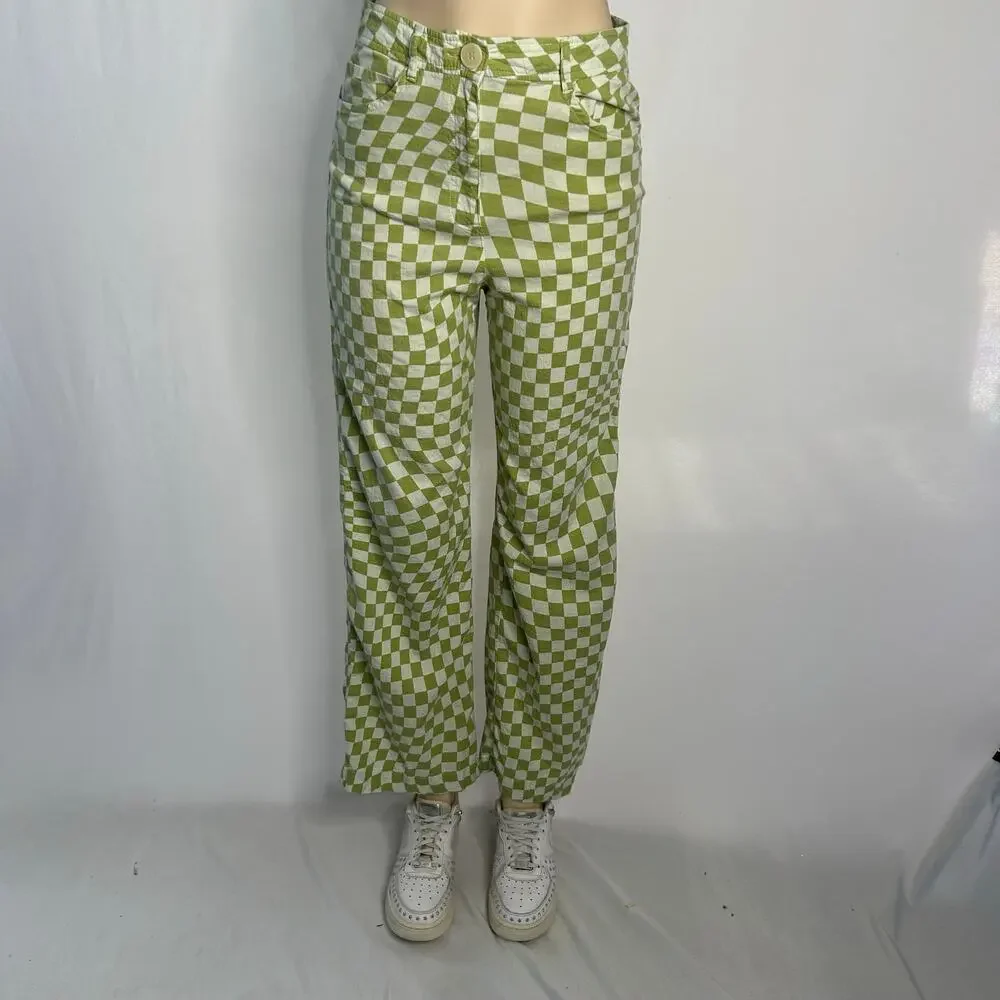 Zara Green White Checkerboard Wide Leg Pants Women’s L High Rise Linen Blend